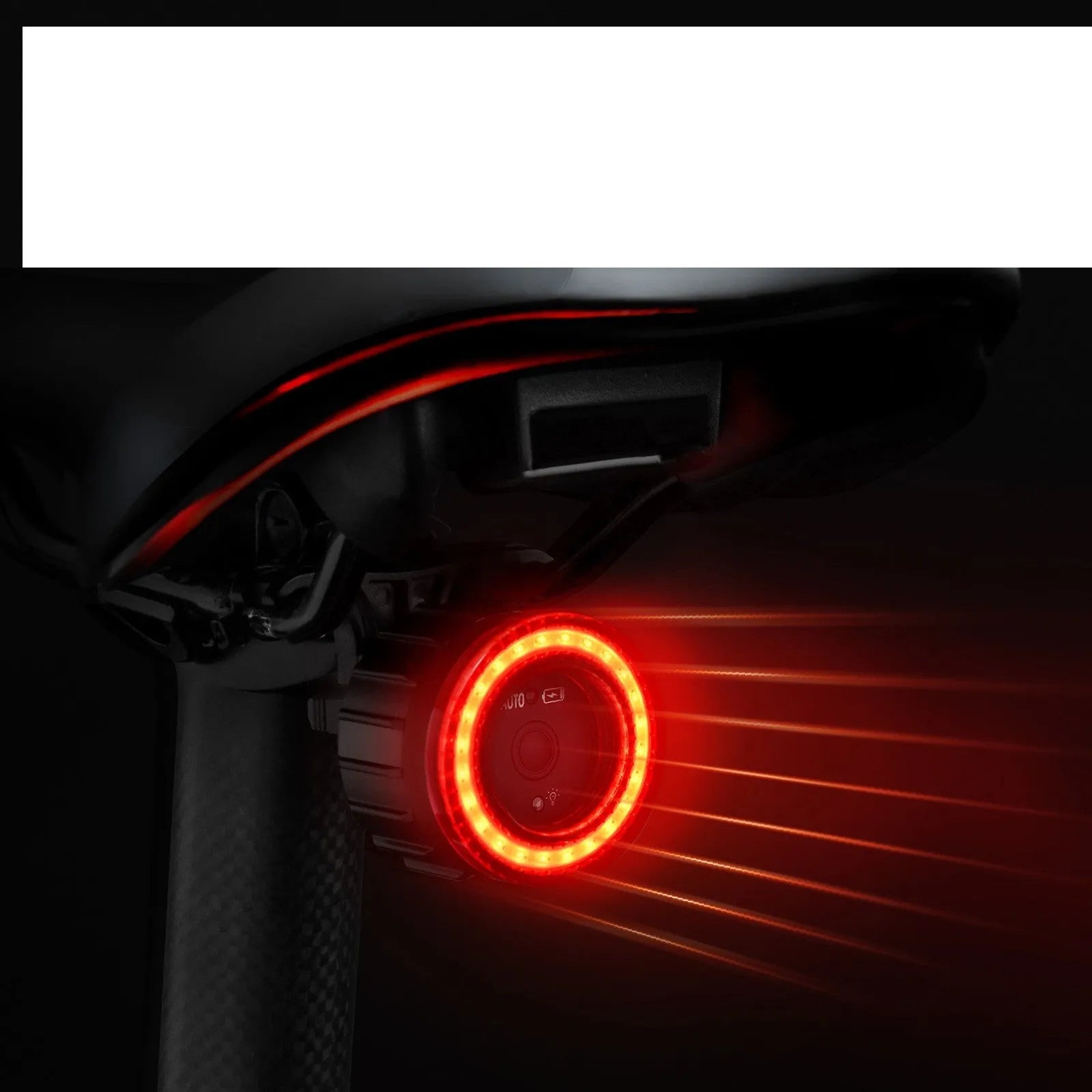 Black intelligent induction brake taillight for bicycles with aluminium alloy casing and mounting brackets.