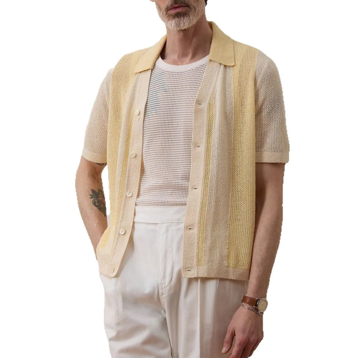 Yellow Tencel fabric casual polo shirt with asymmetric design and short sleeves