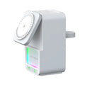 White Bluetooth speaker with integrated wireless charging pad showing phone placement on magnetic mount