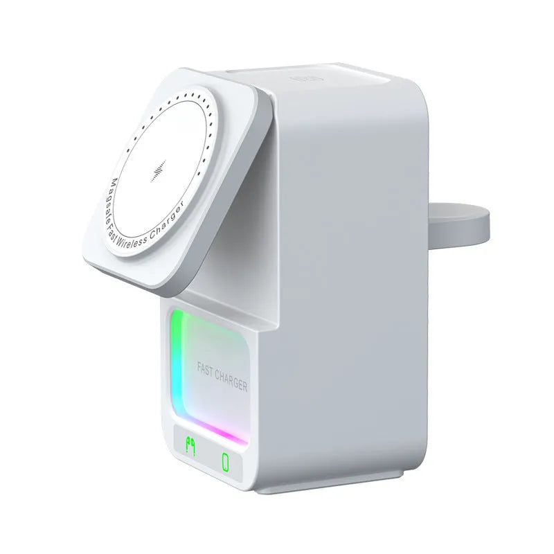 White Bluetooth speaker with integrated wireless charging pad showing phone placement on magnetic mount