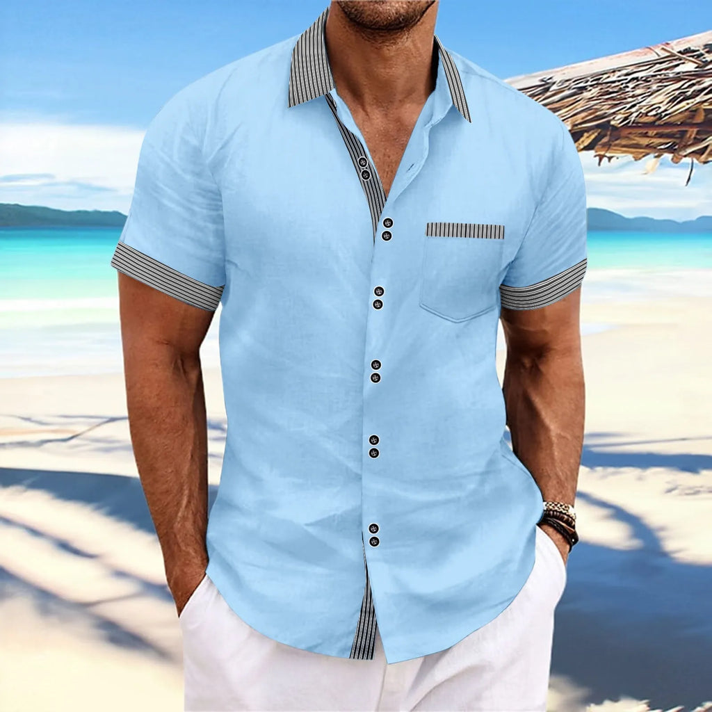 Men's slim fit striped short sleeve casual shirt in pure cotton on a hanger, showing double button detail.