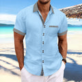 Men's slim fit striped short sleeve casual shirt in pure cotton on a hanger, showing double button detail.