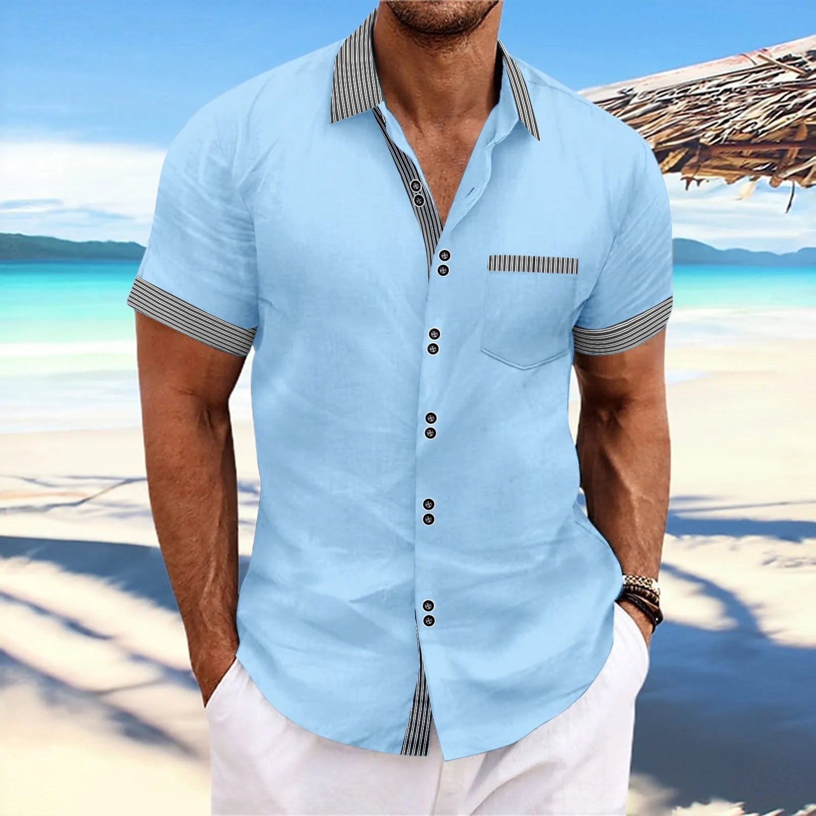 Men's slim fit striped short sleeve casual shirt in pure cotton on a hanger, showing double button detail.