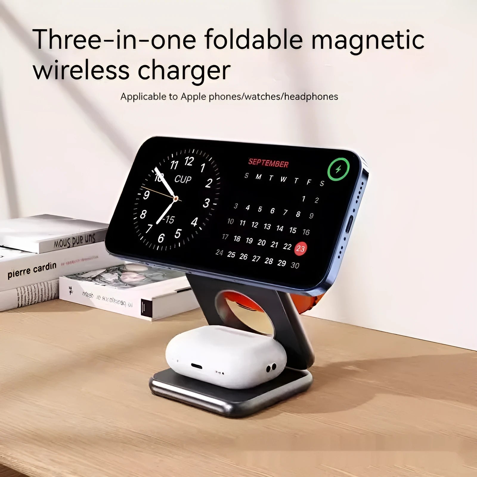 Black foldable magnetic wireless phone charging holder showing stand and compact size.