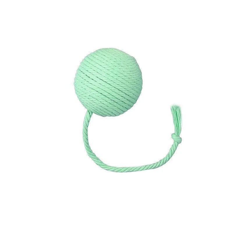 Colourful cat toy ball with an attached rope, shown in green, pink, purple, and yellow.