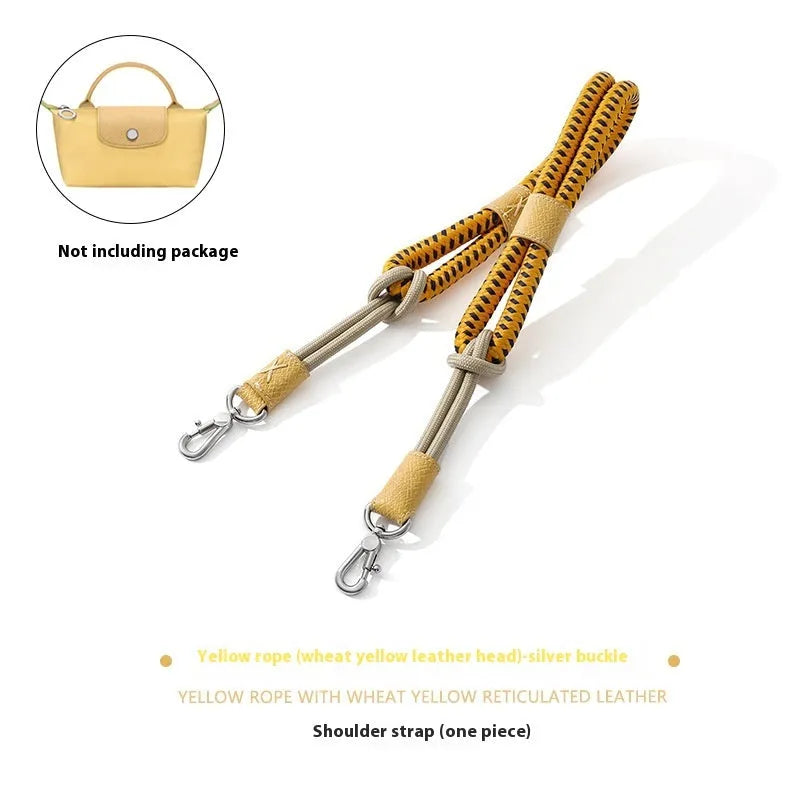 Braided nylon rope shoulder strap with cowhide leather accents and an alloy buckle.