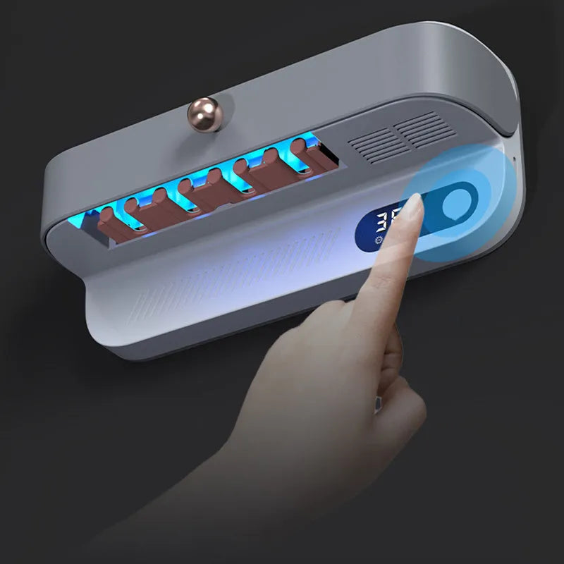 White wall-mounted smart toothbrush sterilizer holder with UV disinfection and USB charging port