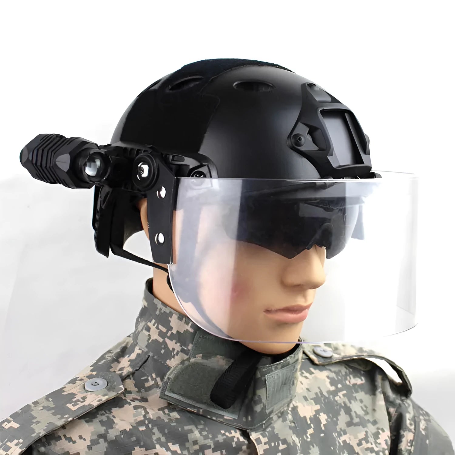 Transparent polycarbonate helmet mask with guide rail for attachment, showing semi-rimless sports design.