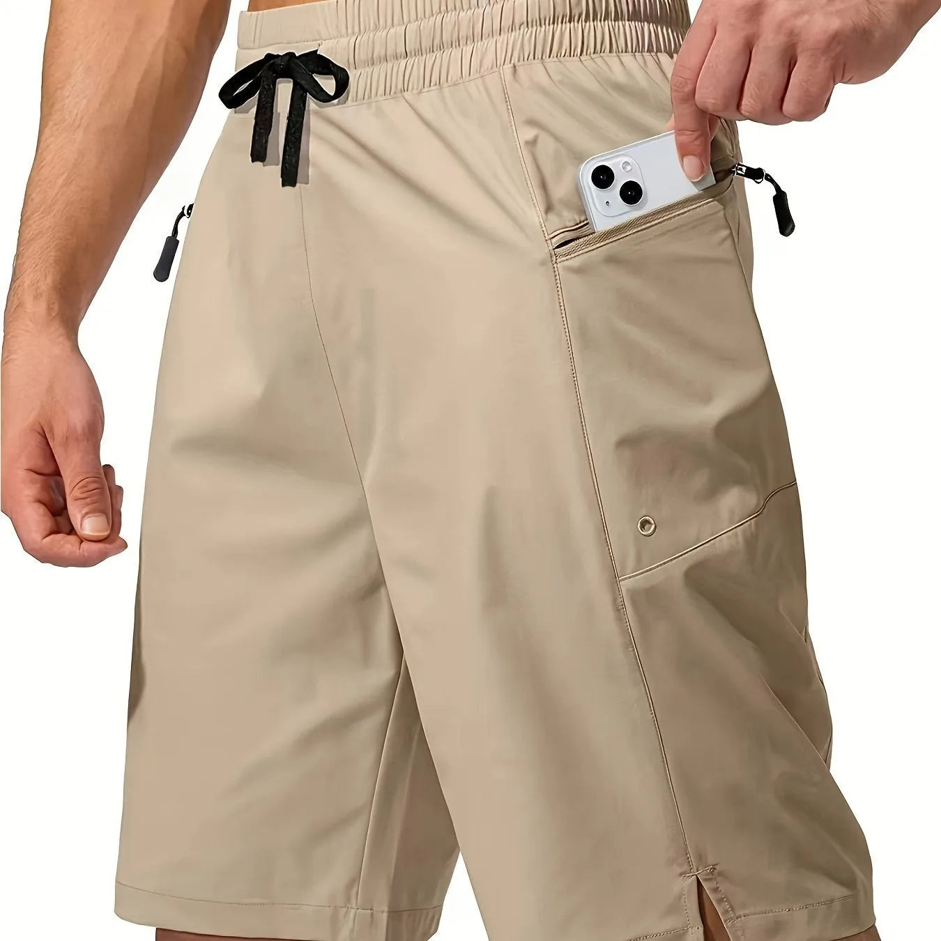 Men's quick-drying beach shorts in solid colours showing straight-leg design and polyester fabric texture