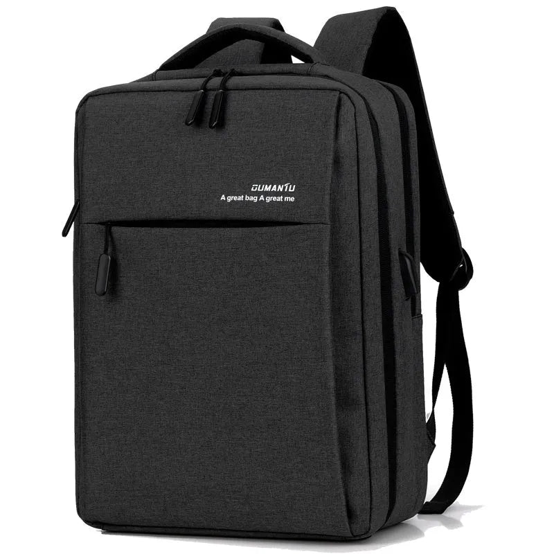 Waterproof shockproof rechargeable laptop backpack in Oxford cloth showing size options for 14-inch and 15.6-inch computers