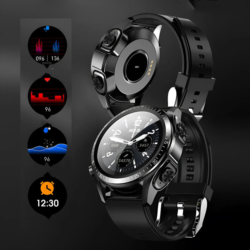 Black smart watch with blood pressure monitoring on a silicone strap, showing a 1.28-inch screen.