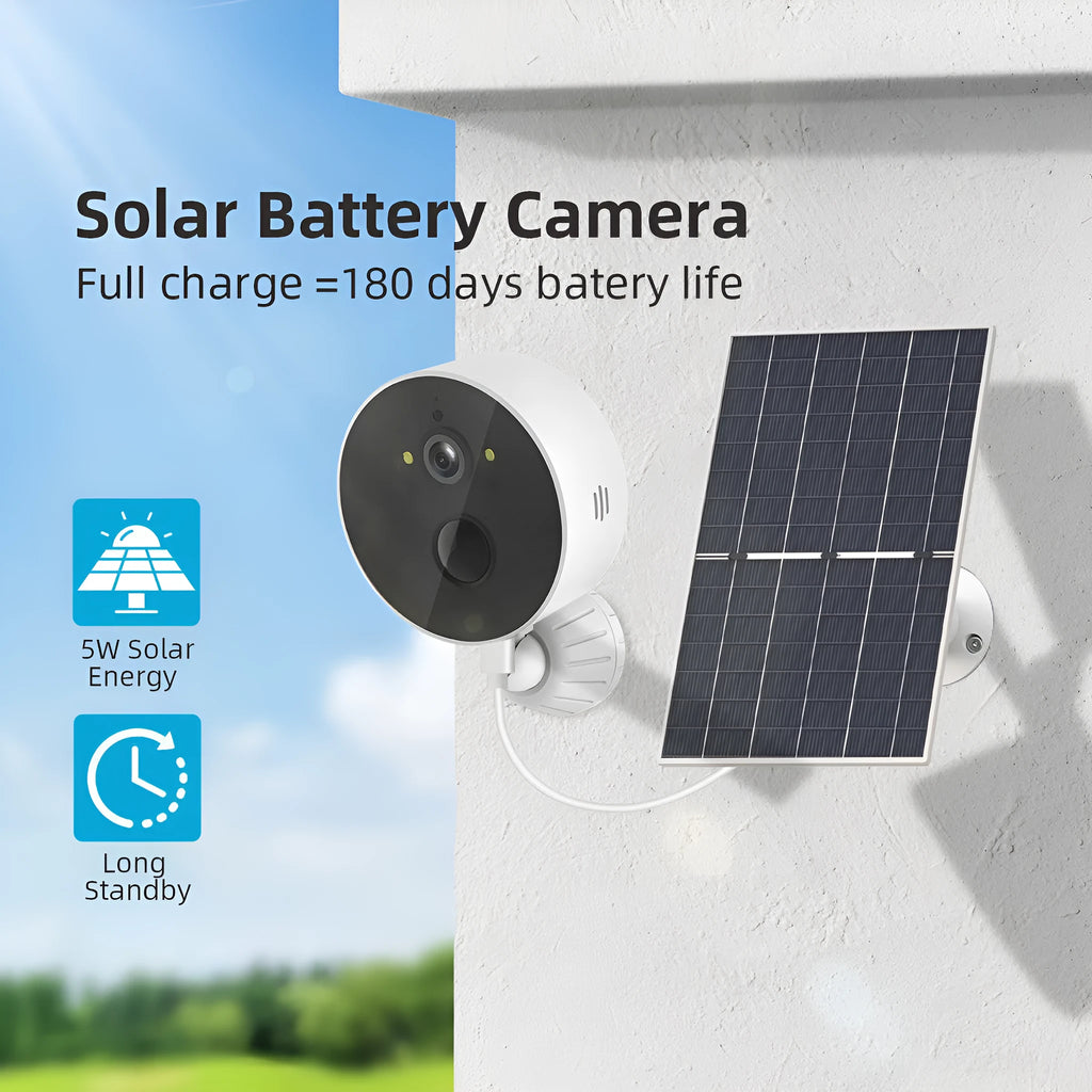 Solar-powered outdoor security camera with solar panel on grass