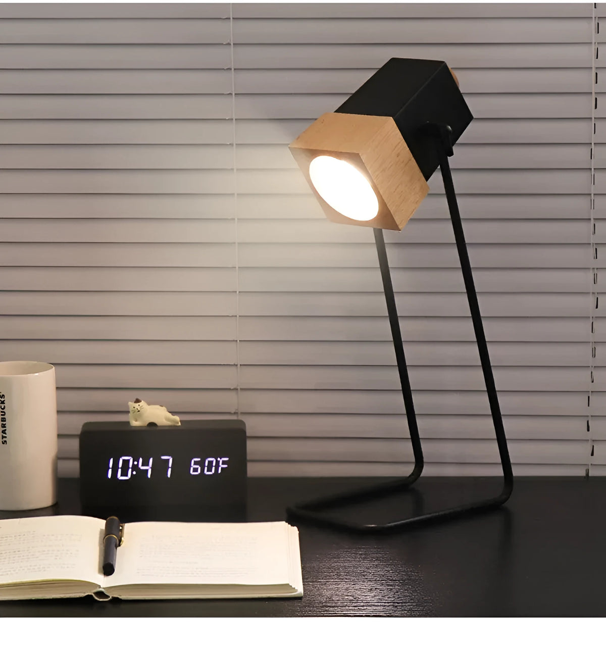 7W LED desk lamp with rubber wood and iron art body, rotary and button switch, eye protection and anti-myopia functions.