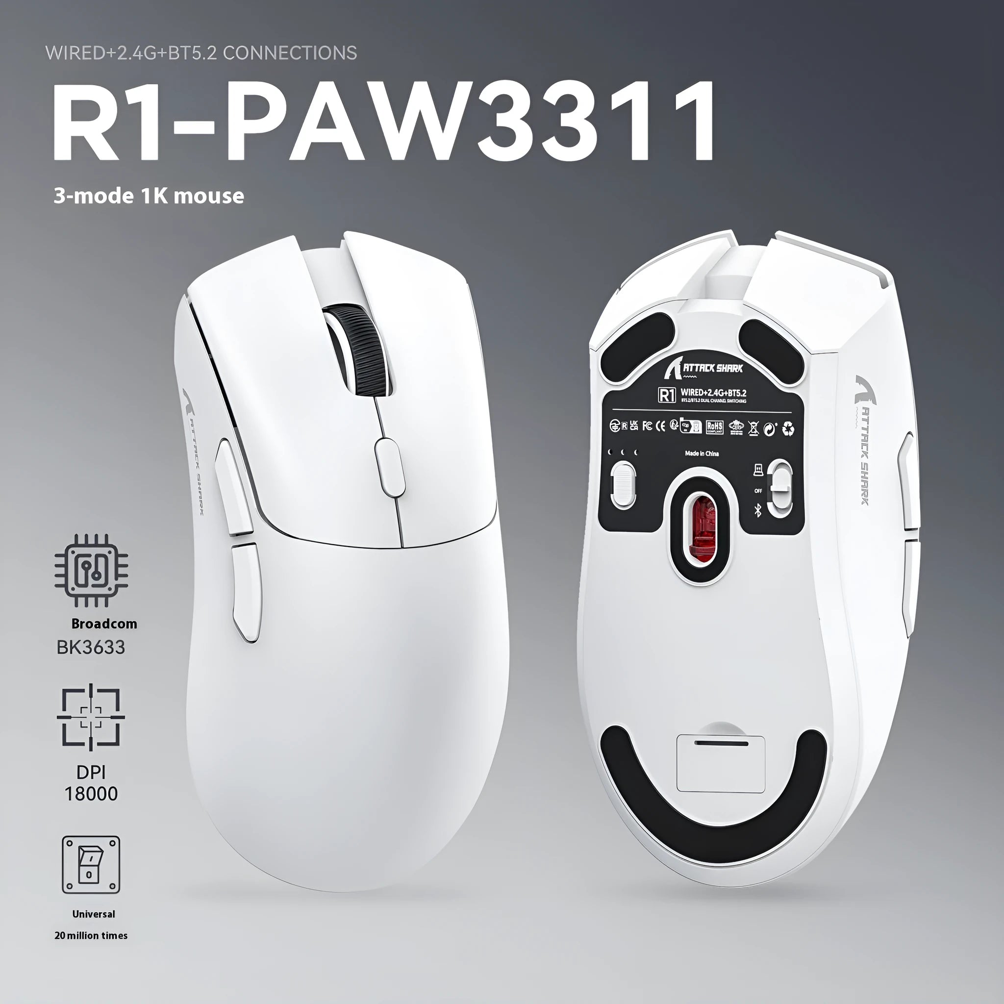 Attack Shark wireless gaming and office mouse in black with three connection modes