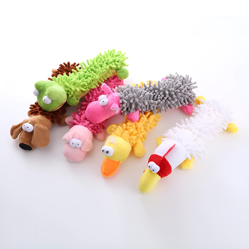 Plush microfibre horse molar dog chew toy showing brown dog, yellow duck, and white chicken designs