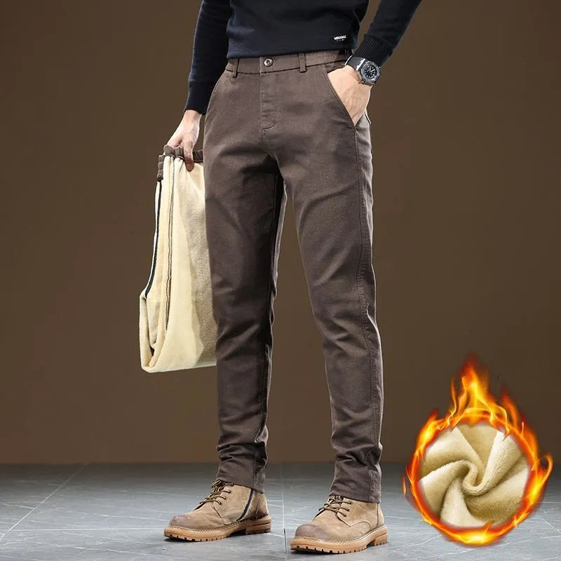 Men's fleece-lined slim fit tapered casual pants in black, cotton fabric, available in sizes 28-40