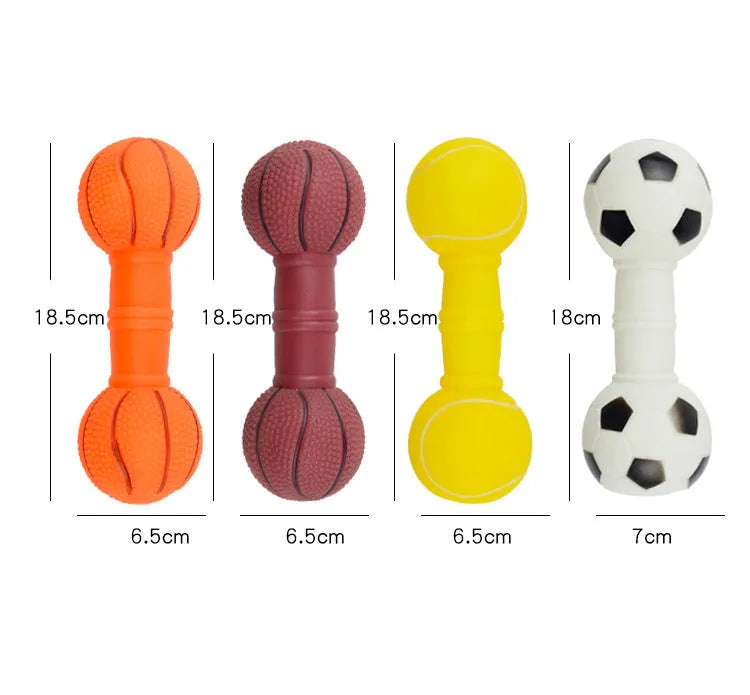 Brown, orange, white, and yellow PVC football and dumbbell shaped squeaky dog chew toys.