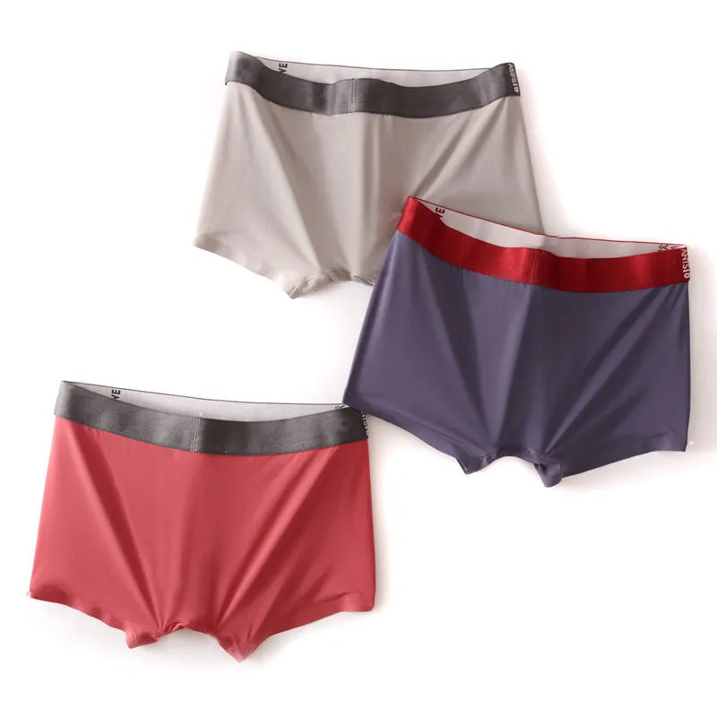 Man wearing solid colour ultra-thin nylon boxers with mulberry silk crotch panel.