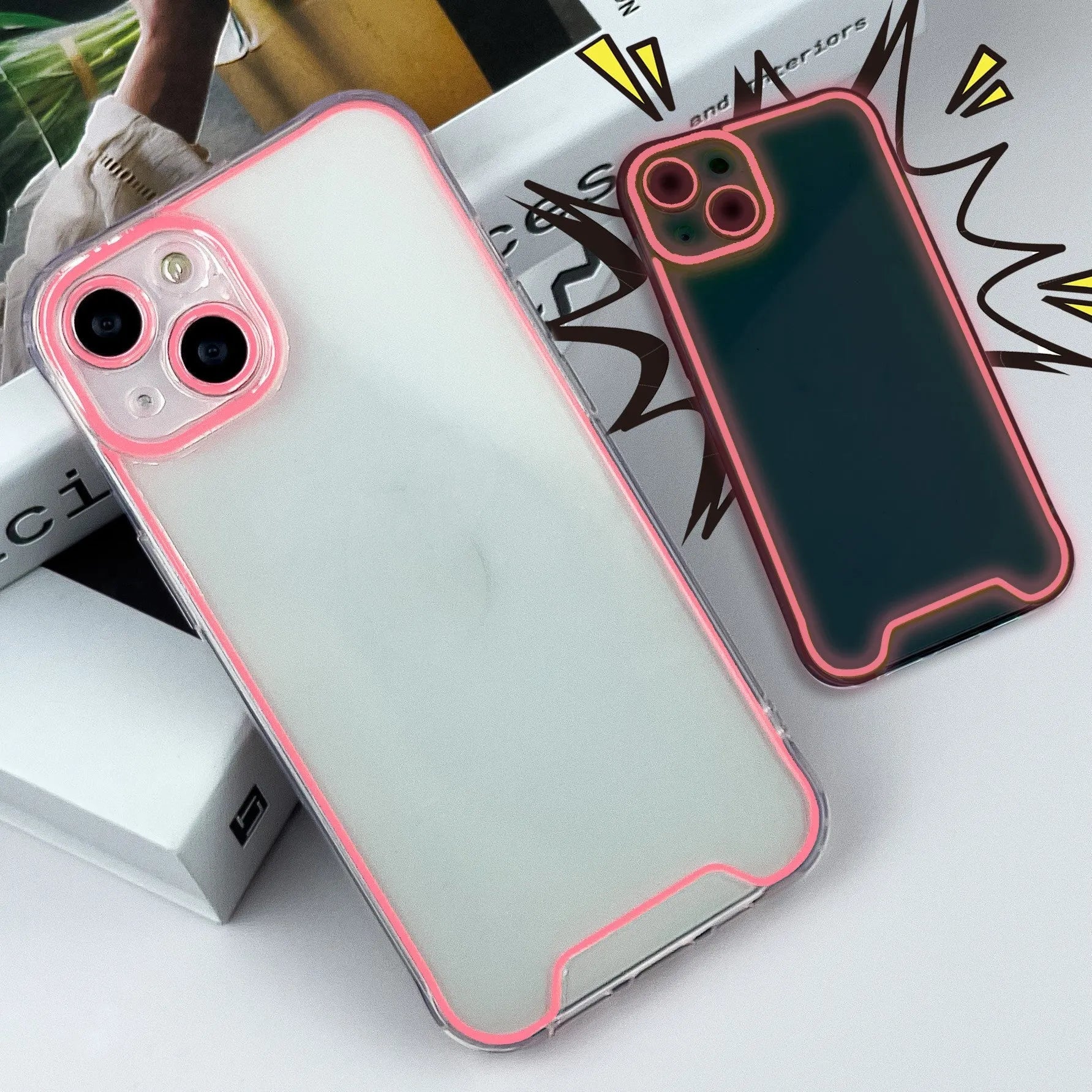 Glow in the dark soft TPU phone case for iPhone on a dark background, showing luminescent green colour.