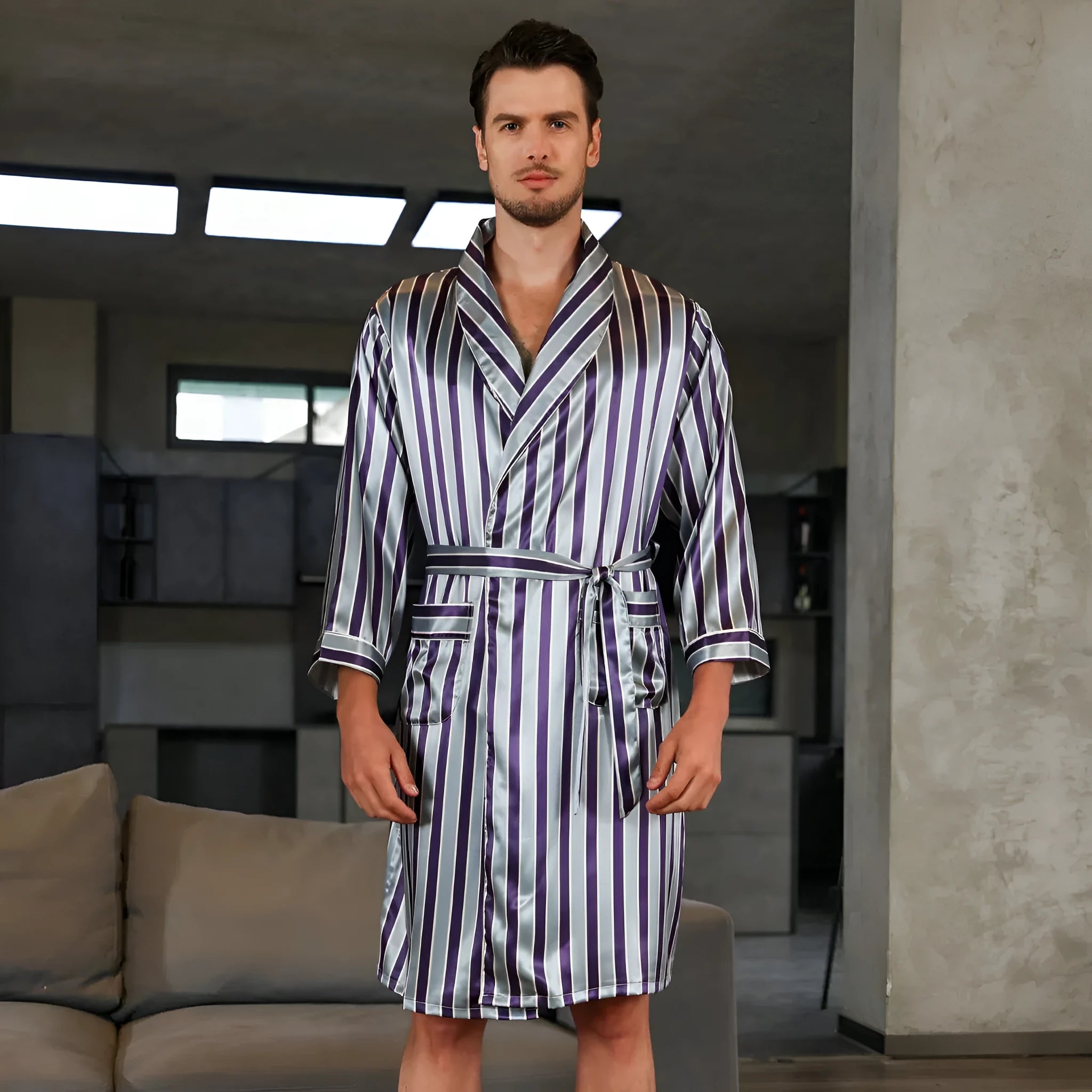 Men's lightweight summer bathrobe in rayon polyester available in multiple colours and continental sizes.