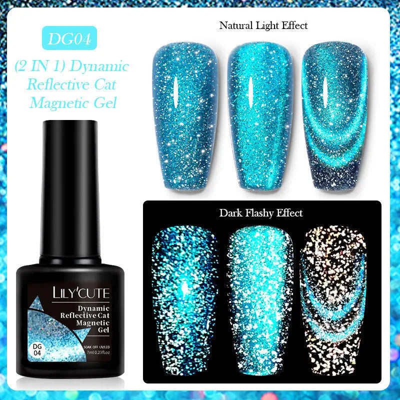 Bottle of Diamond In The Debris Cat Eye Series Nail Polish Gel showing glitter and diamond fragments, with six colour options displayed.