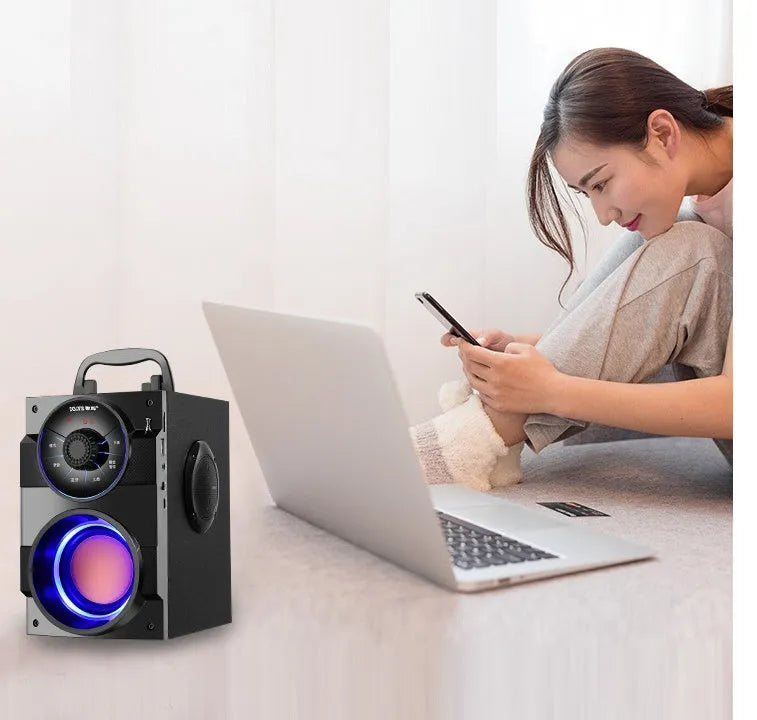 Black portable audio system with subwoofer and satellite speakers, USB cable and 1.2m audio connection cable