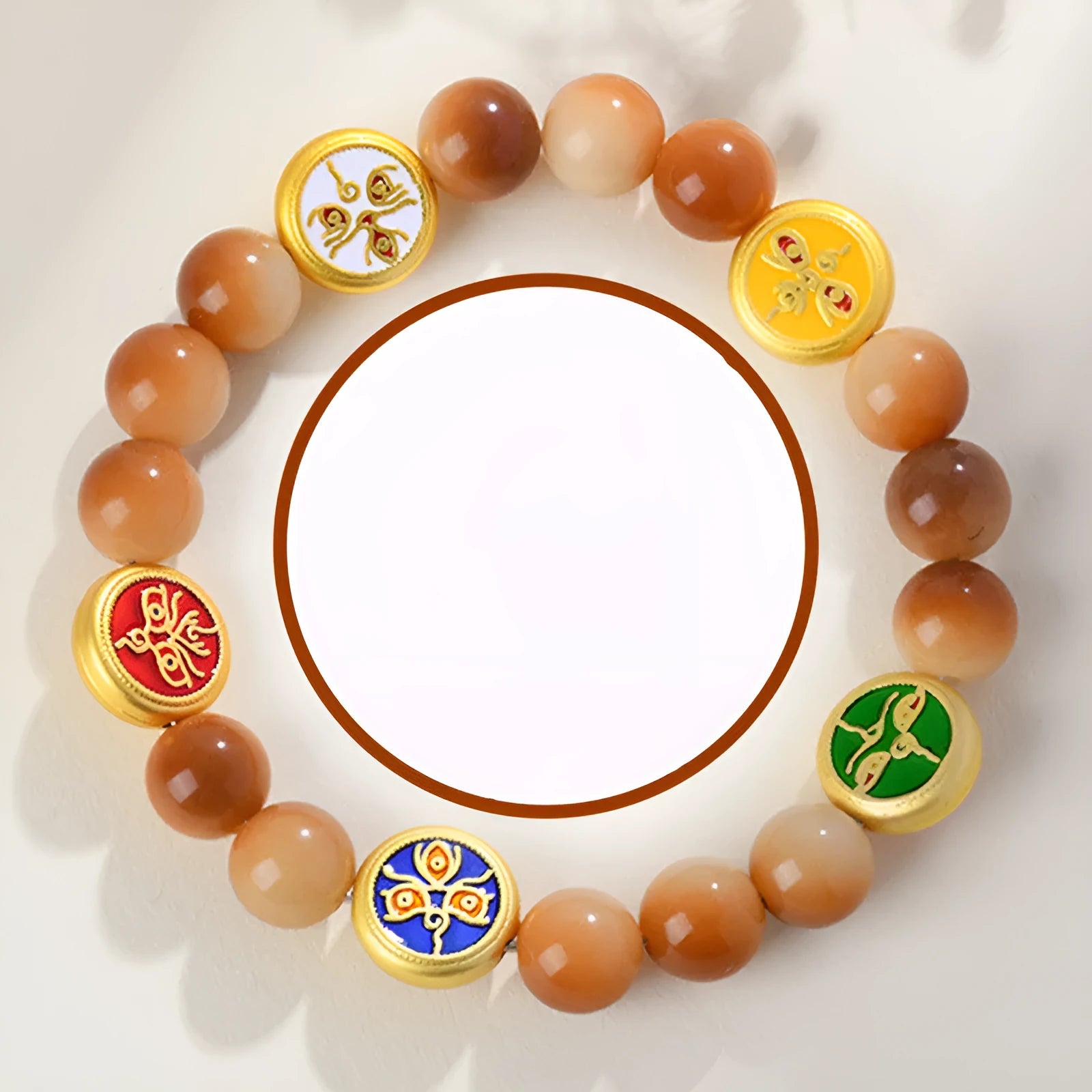 Yellow bodhi seed bracelet with five directions geometric pattern, adjustable 14-17 inches