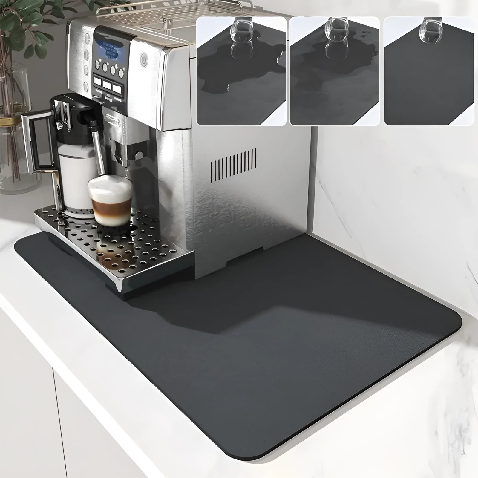 Black square kitchen drain drying mat with anti-slip rubber backing on a countertop