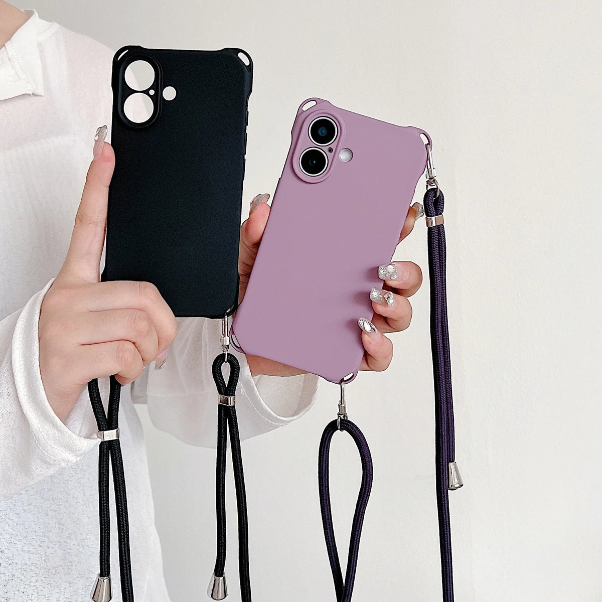 Four-corner cross lanyard liquid silicone iPhone case in black, antique white, pink, Camellia red, cobalt blue, Primrose purple or dark purple