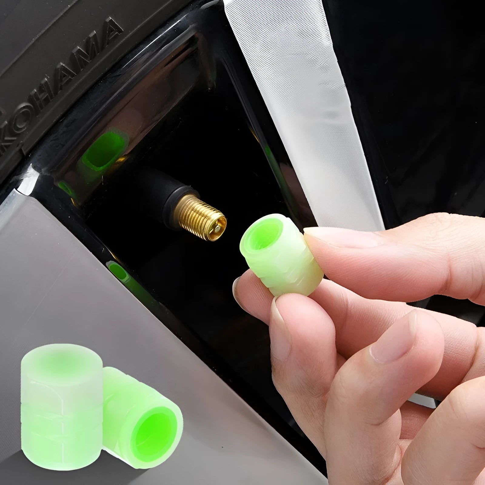 Car luminous rubber valve caps showing 16mm diameter and luminous properties
