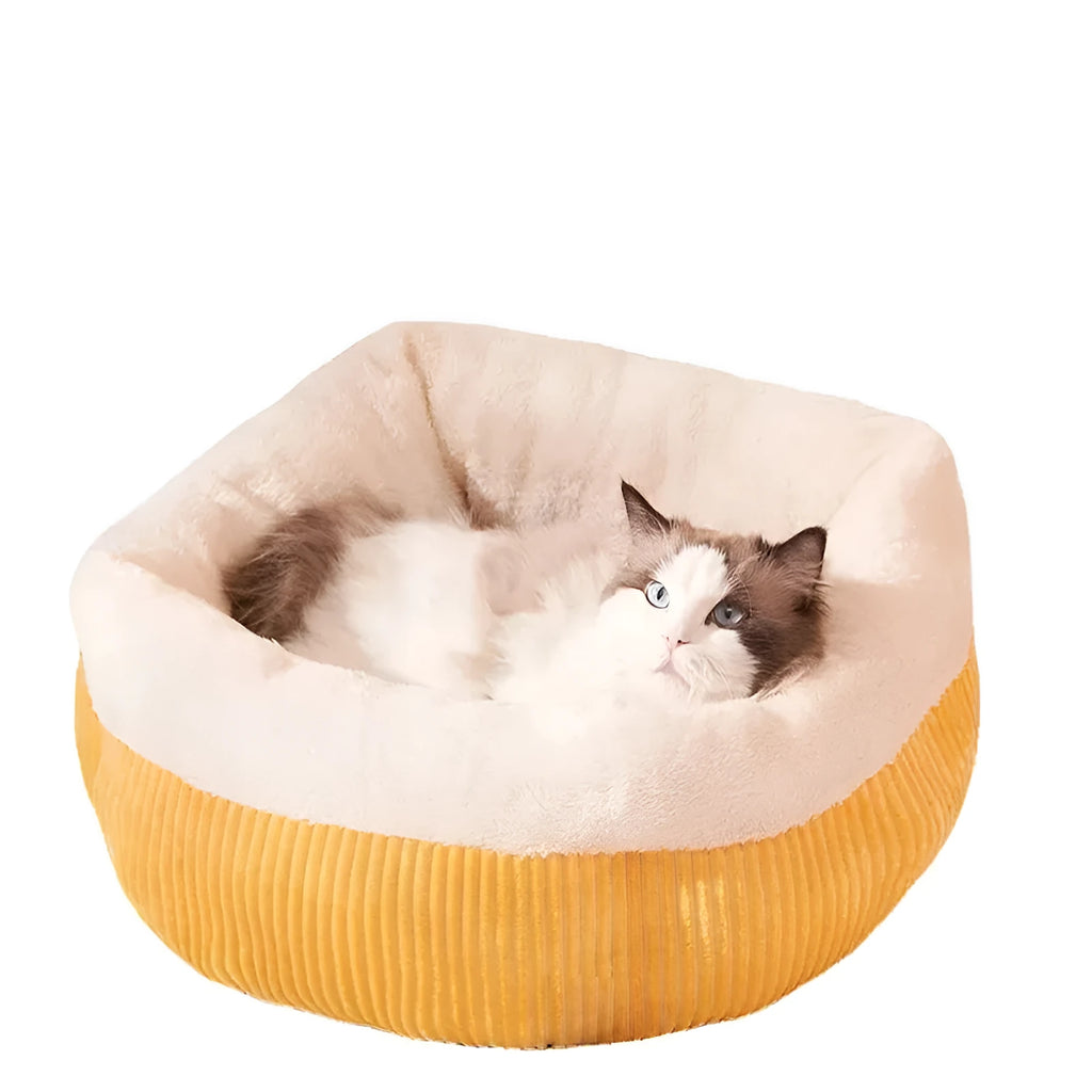 Washable circular cat sofa bed in yellow with plush fabric and non-slip base for calming sleep