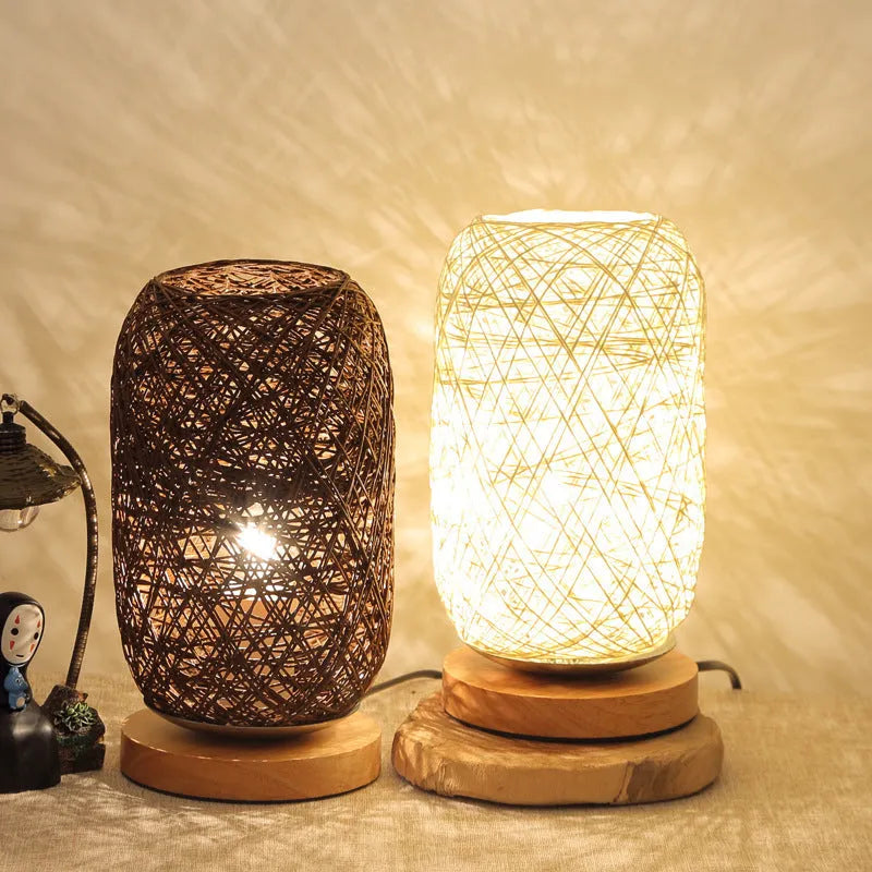 Woven hemp rope Sepak Takraw desk lamp with solid wood base and LED lighting