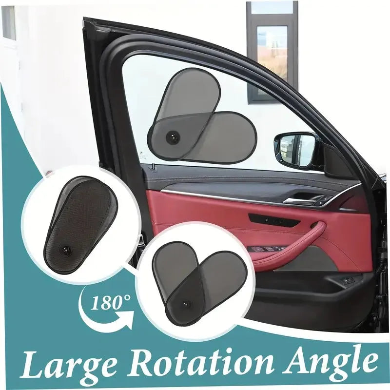 Black stretchy car side window sunshade fitted on glass with suction cups, shown twisted for storage.