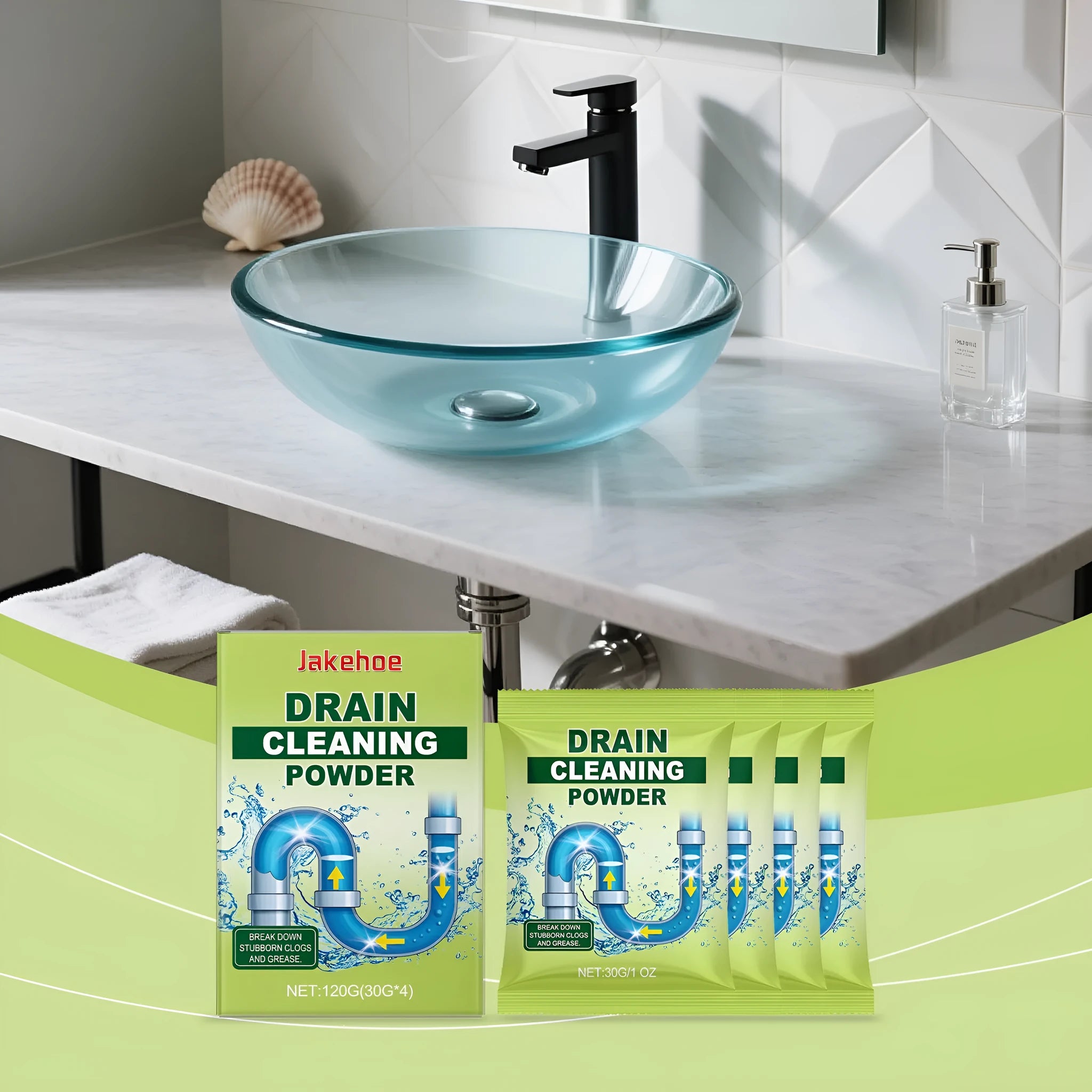 120g container of drain cleaning powder for unblocking sinks and drains