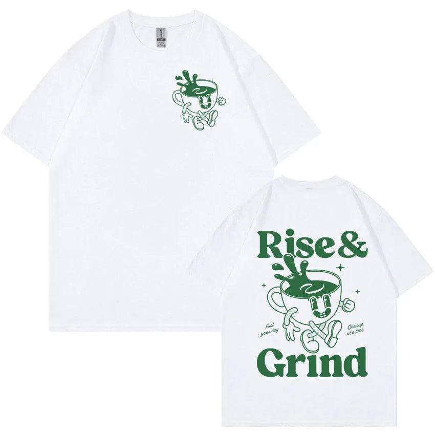 Men's loose fit linen T-shirt with green coffee cartoon design in multiple colour options