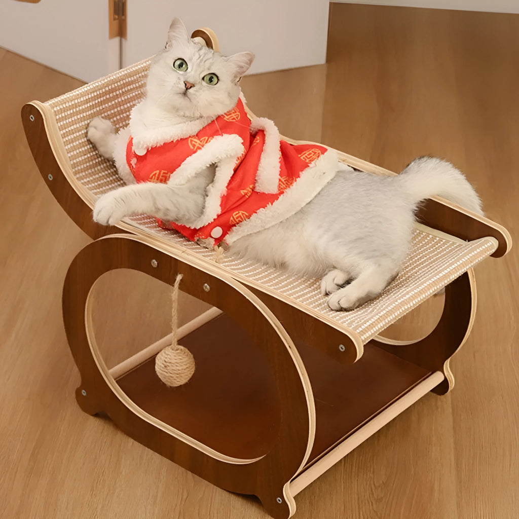 Solid wood cat scratching mat with sisal surface, serving as a raised bed in walnut colour finish.