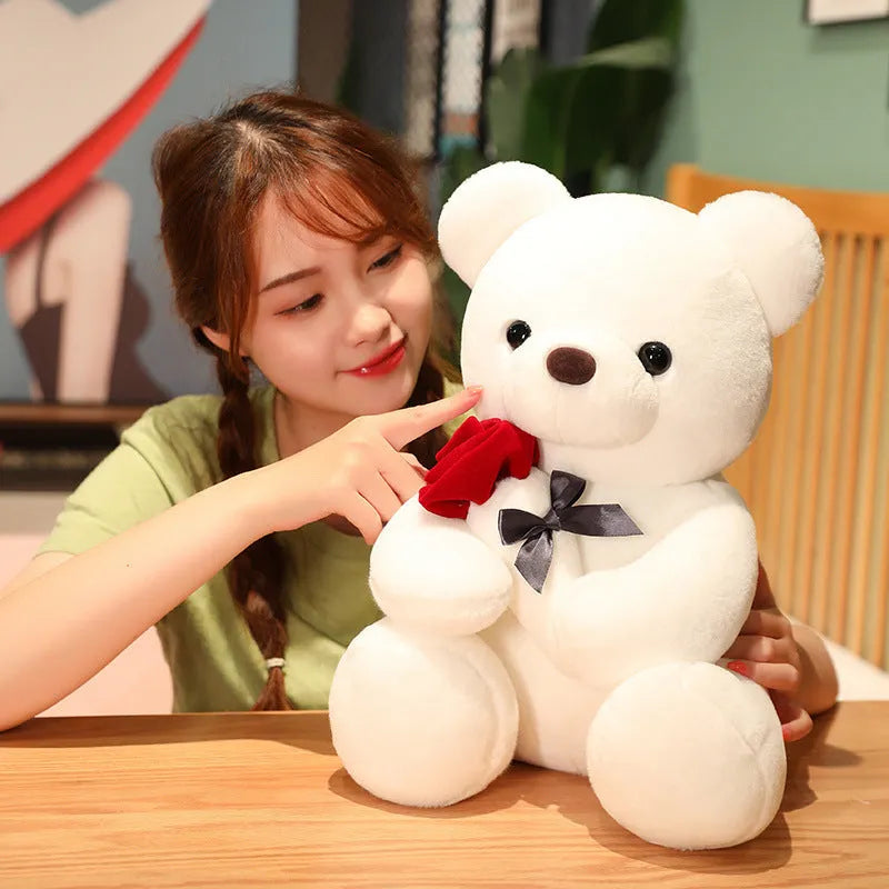 Soft plush teddy bear doll in beige, brown or grey with PP cotton filling, showing 23cm to 45cm size options