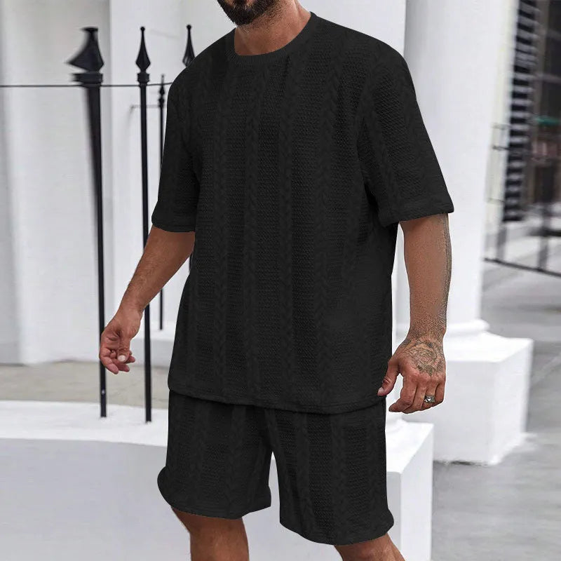 Knitted polyester summer pullover and shorts set in solid colour with Jacquard textured pattern