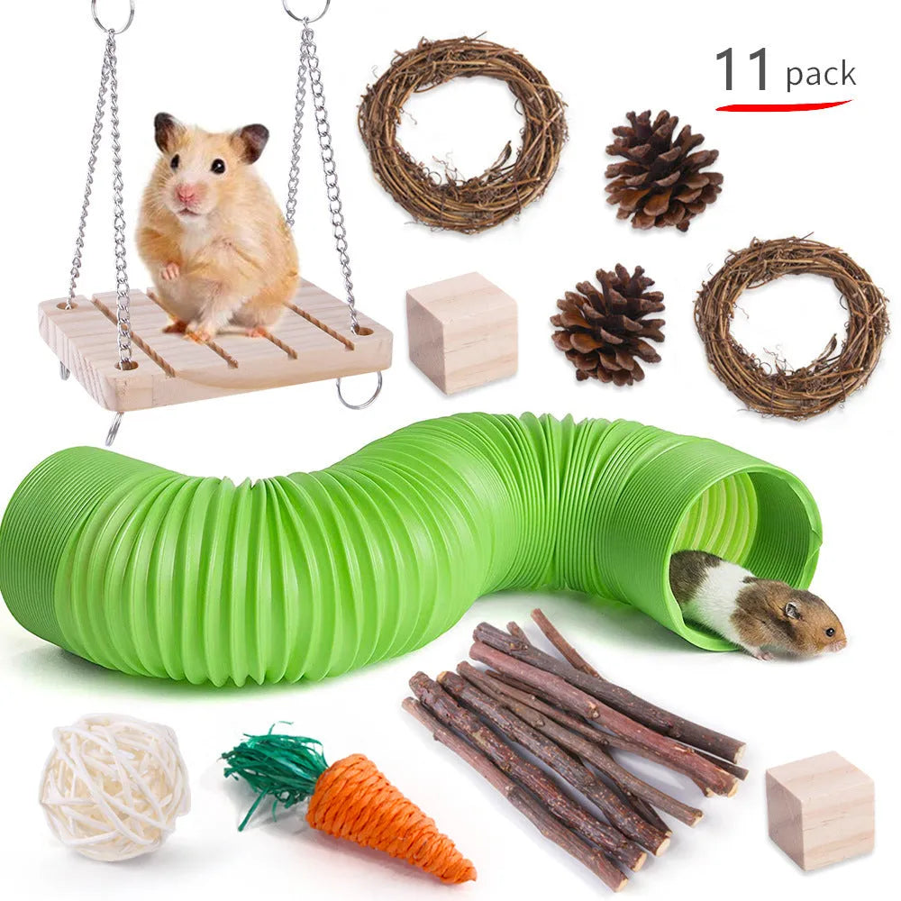 Assortment of natural wooden and woven grass chew toys for small pets like rabbits and guinea pigs
