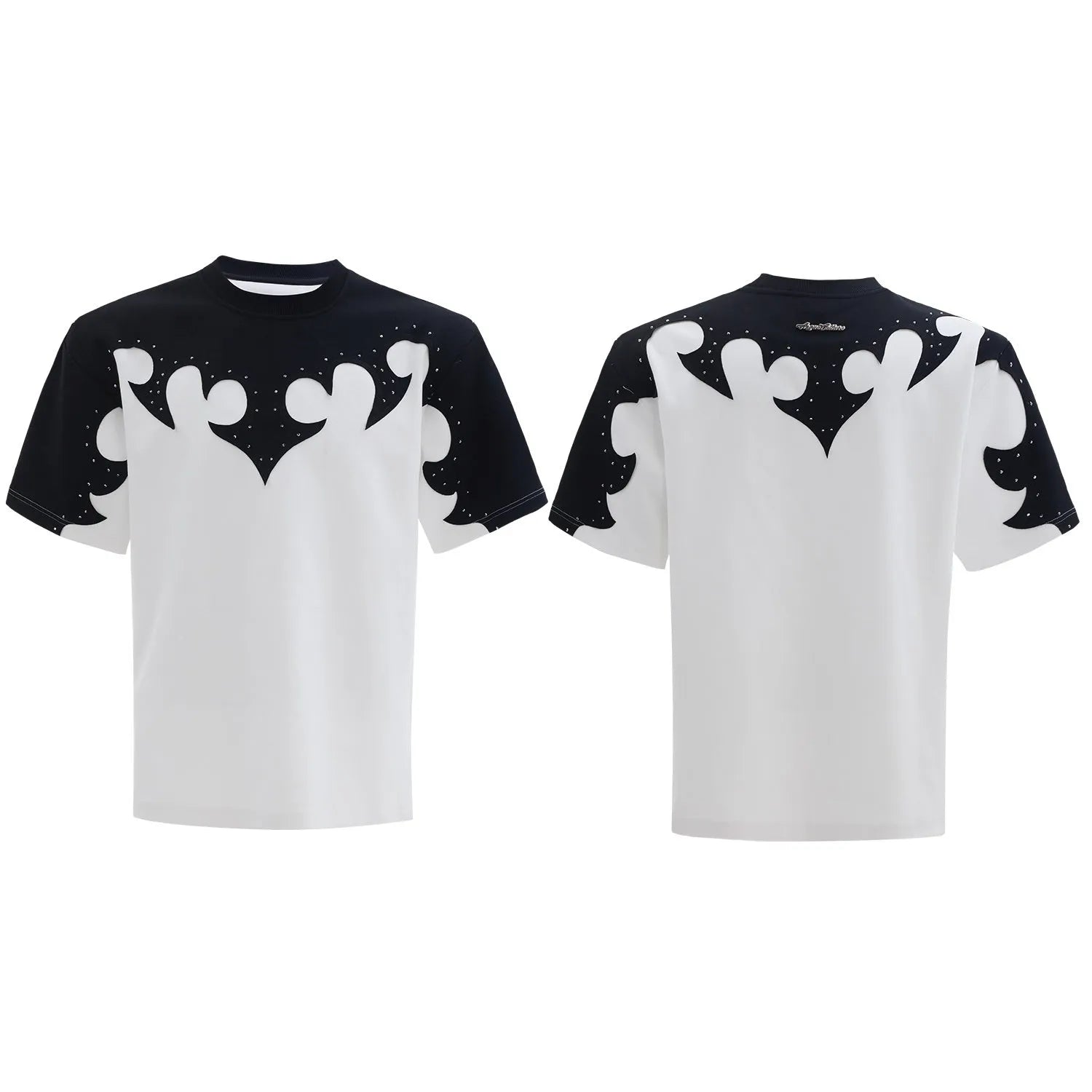 Grey men's T-shirt with raised black floral embroidery and rhinestone details on a dropped shoulder, loose-fit design.