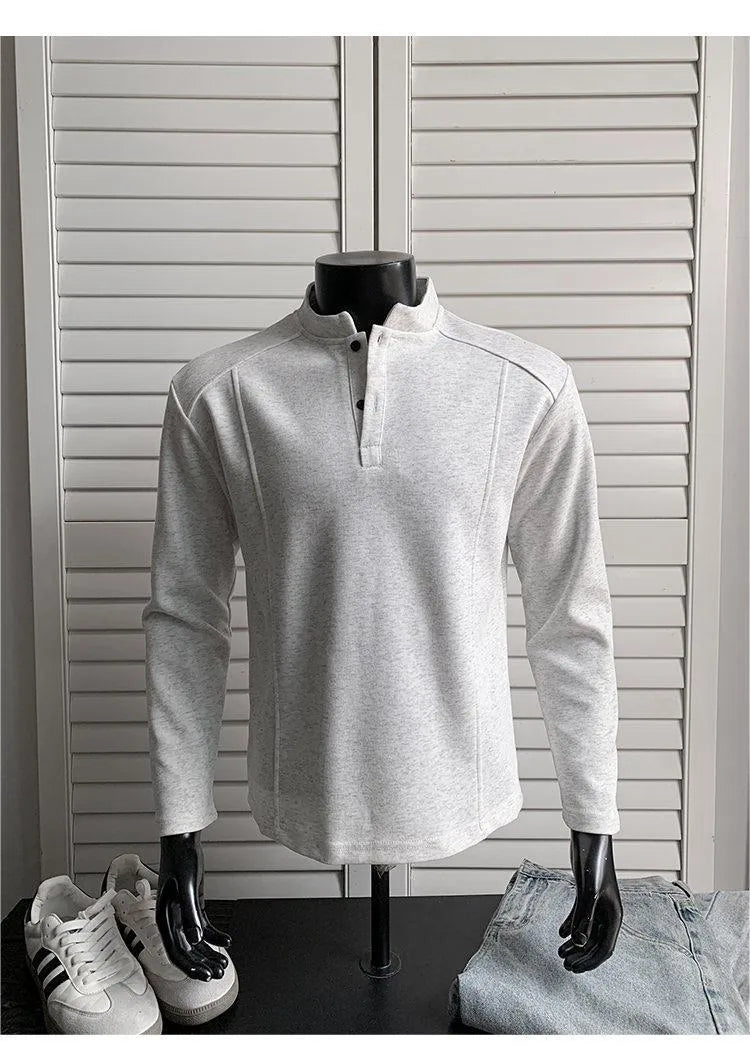 Men's loose-fit polo shirt with an asymmetric patchwork stand-up collar in heather grey