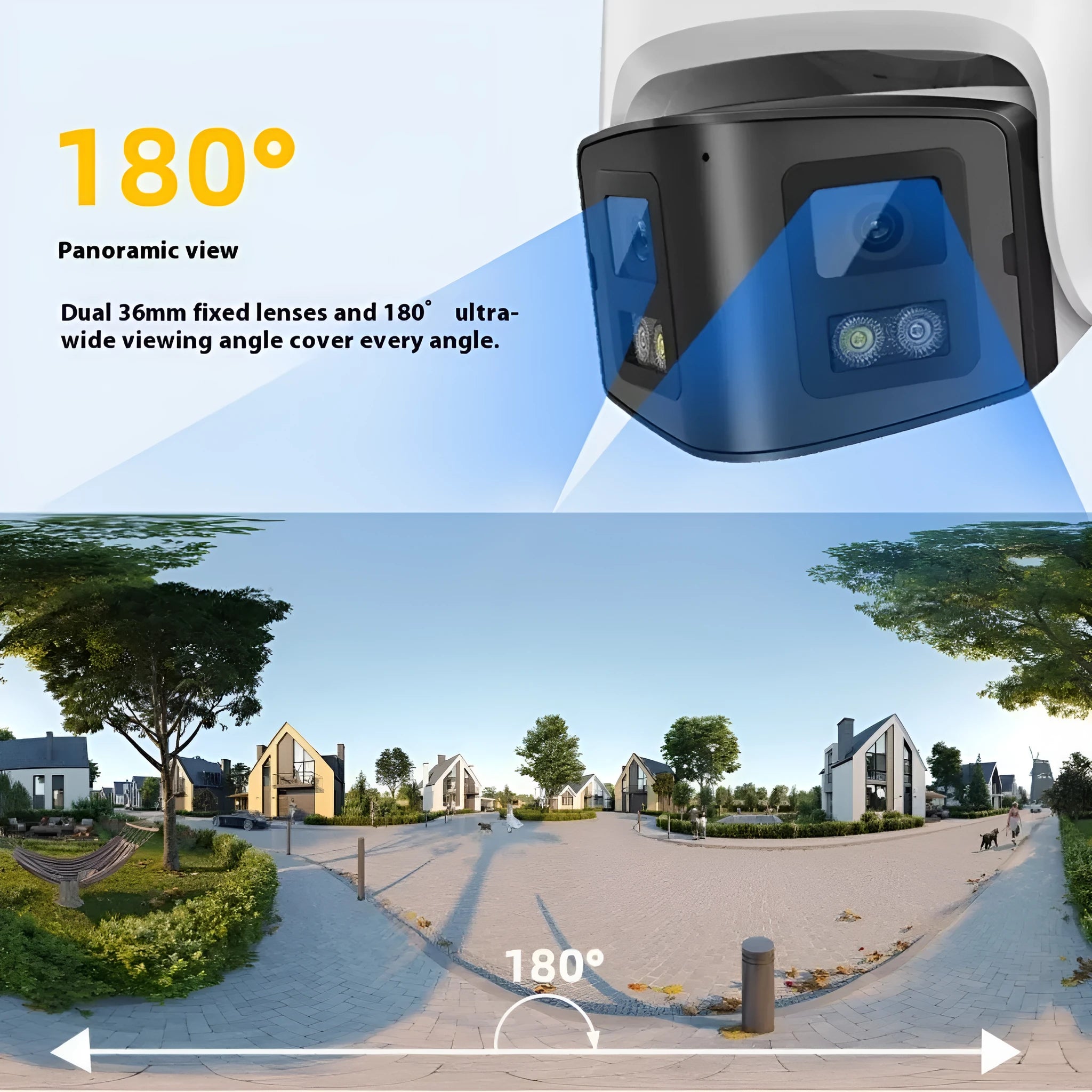 4MP dual-lens IP66 waterproof panoramic CCTV webcam for indoor and outdoor security surveillance.