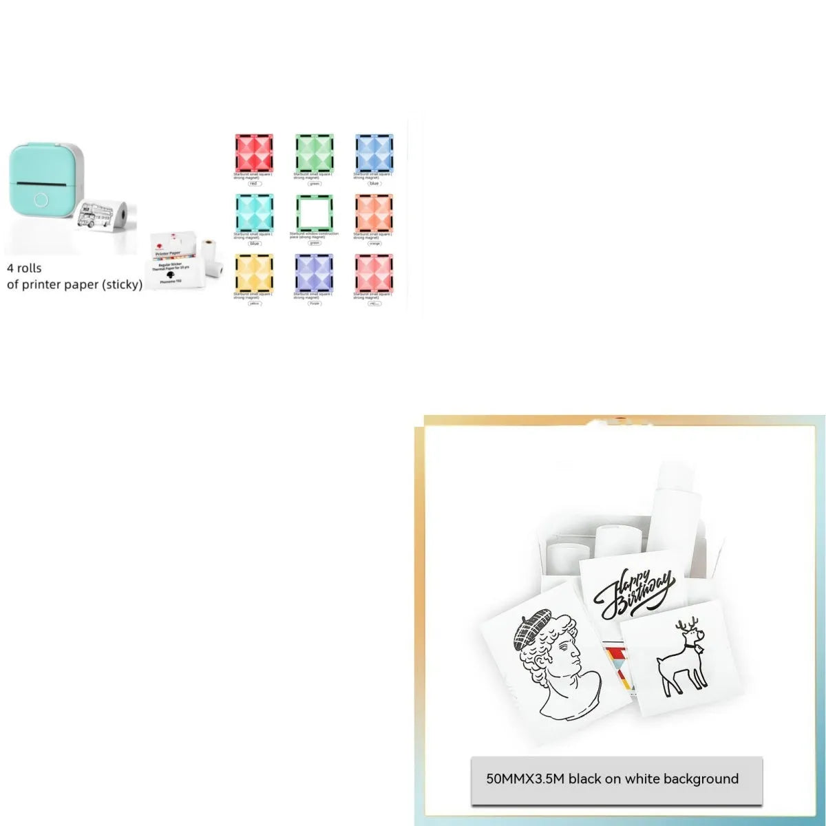 Portable mini thermal label printer in white, 87mm by 90mm by 40mm, with Bluetooth connectivity and inkless printing