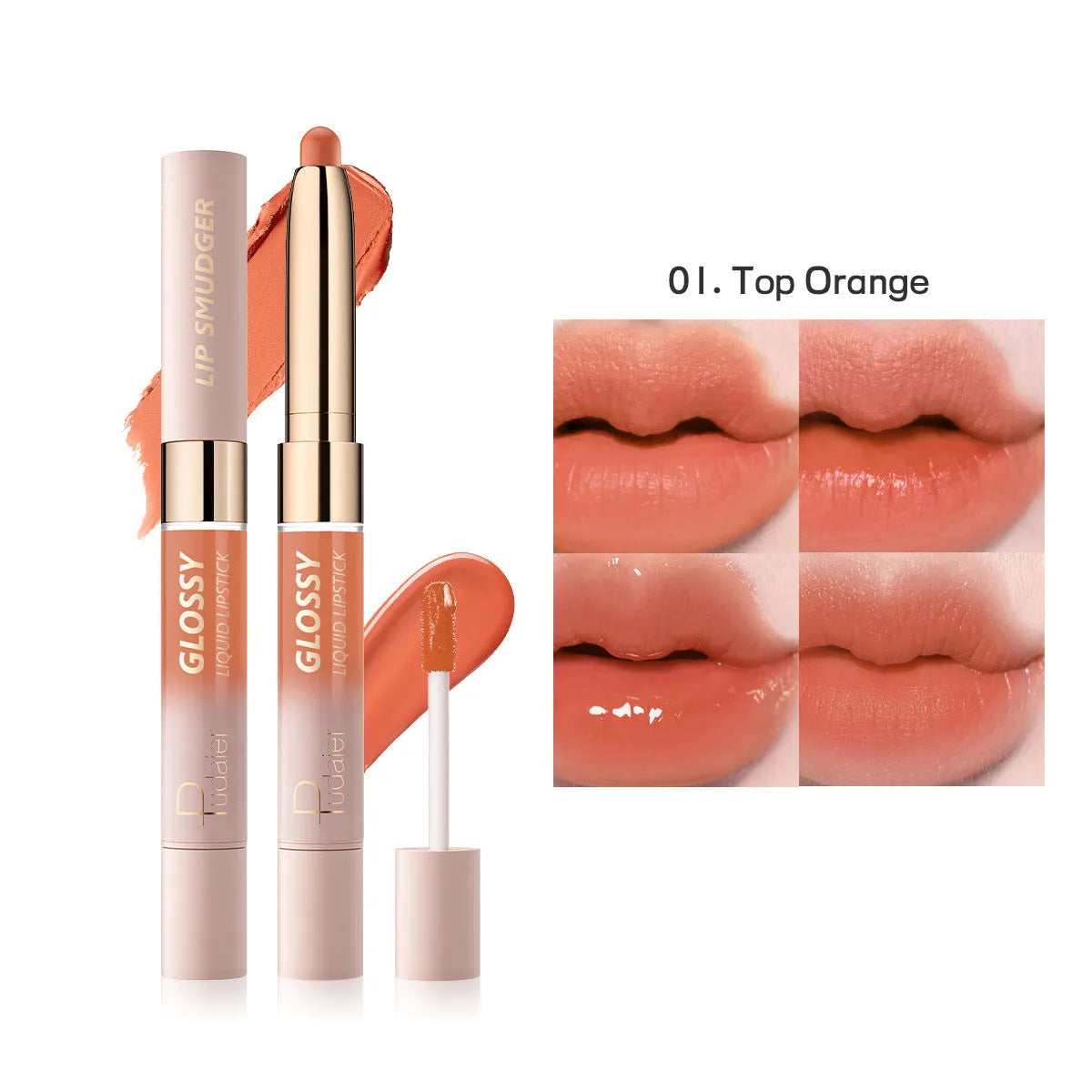Double-headed lipstick and lip gloss product showing matte and glossy ends in one of ten available colours.