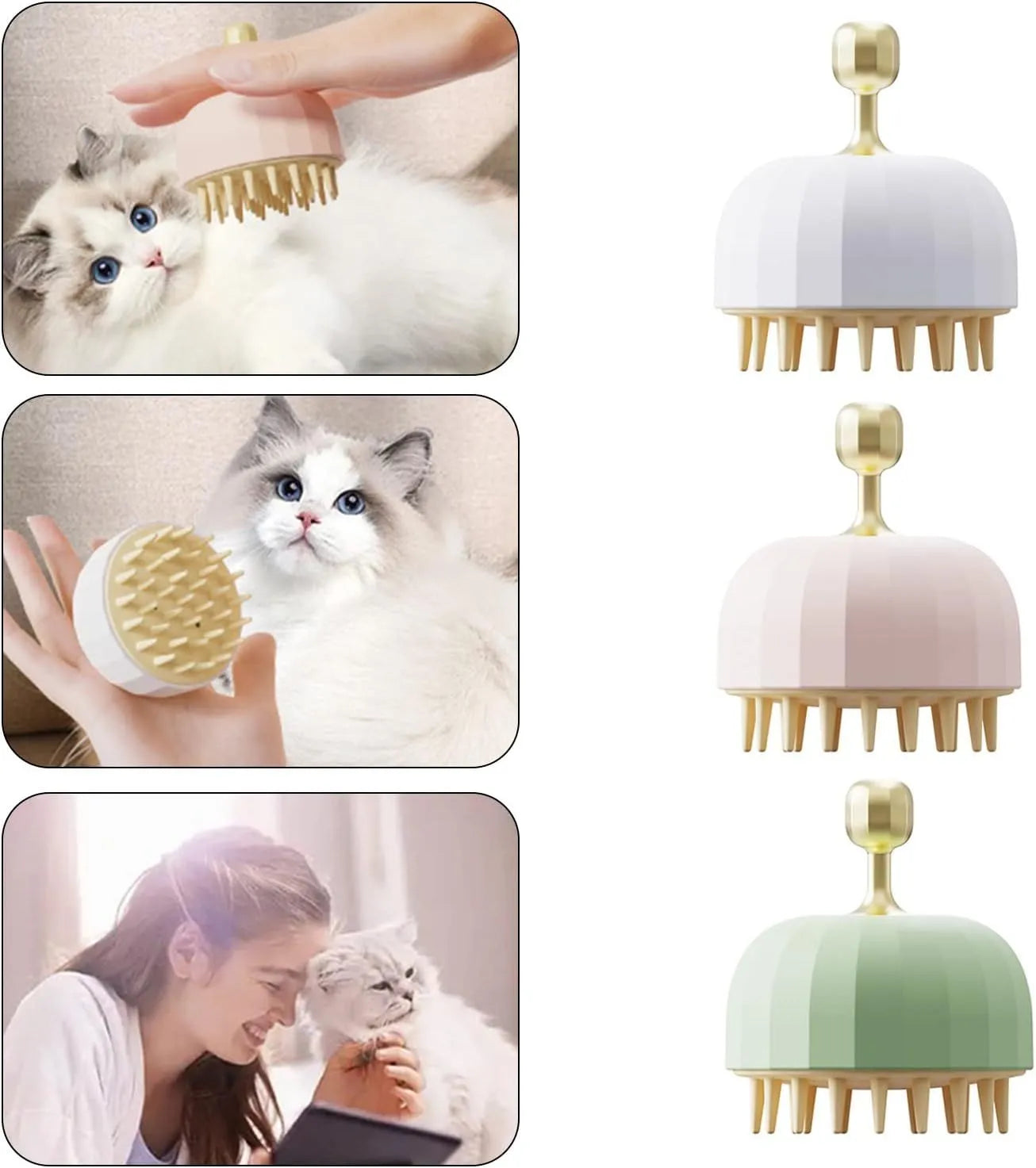 Four pet shampoo massage brushes in green, pink, and white colours with double-sided design and drain holes