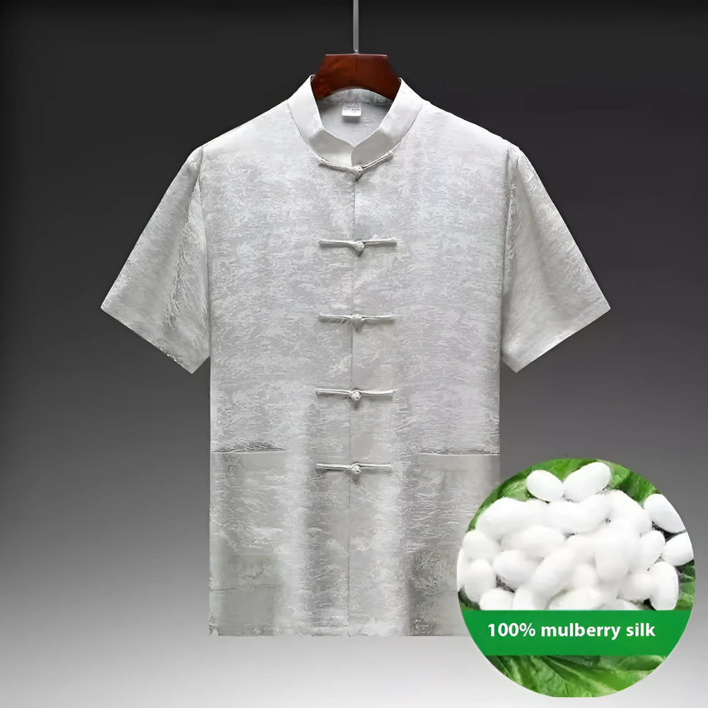 Men's Chinese-style Tang suit in mulberry silk satin fabric showing traditional formalwear details