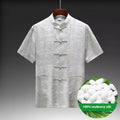 Men's Chinese-style Tang suit in mulberry silk satin fabric showing traditional formalwear details