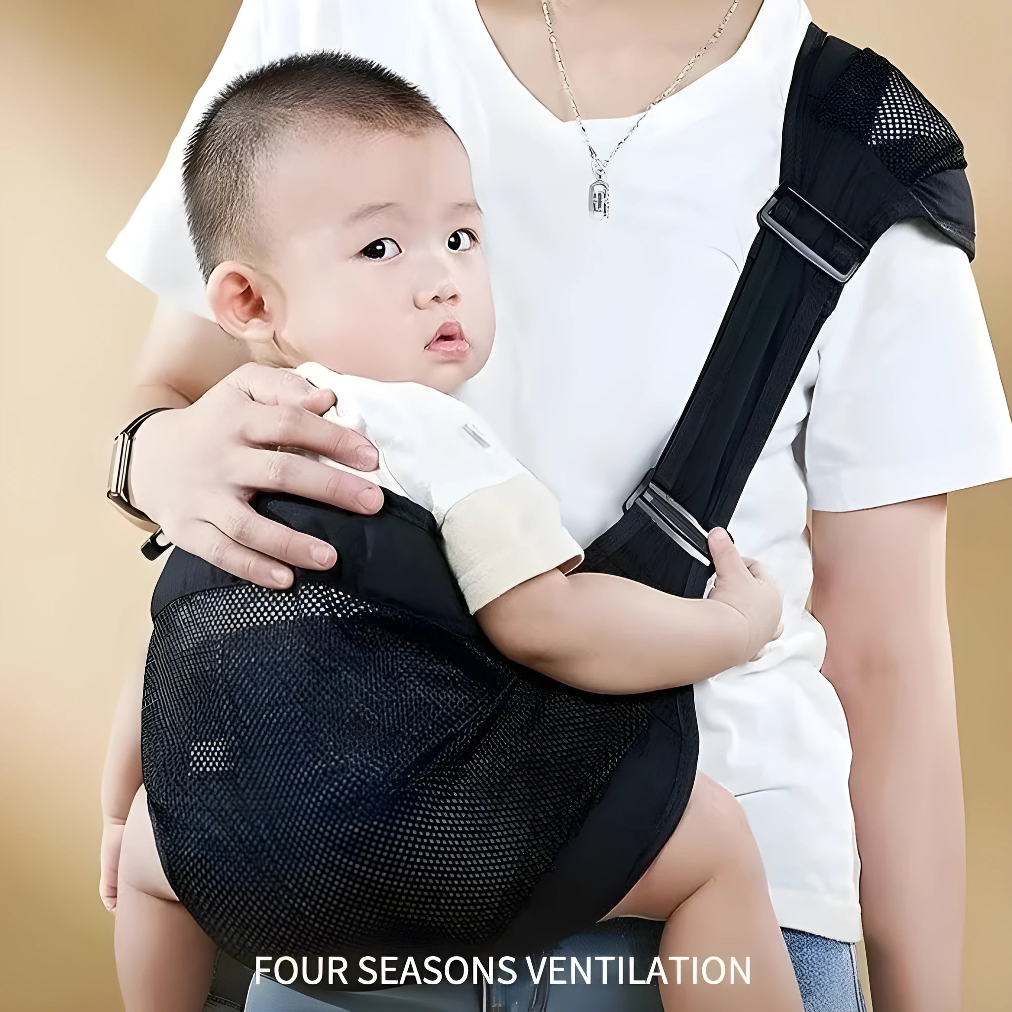 Baby carrier waist stool in a cloth cover, suitable for children 1-48 months with a 25kg load capacity.