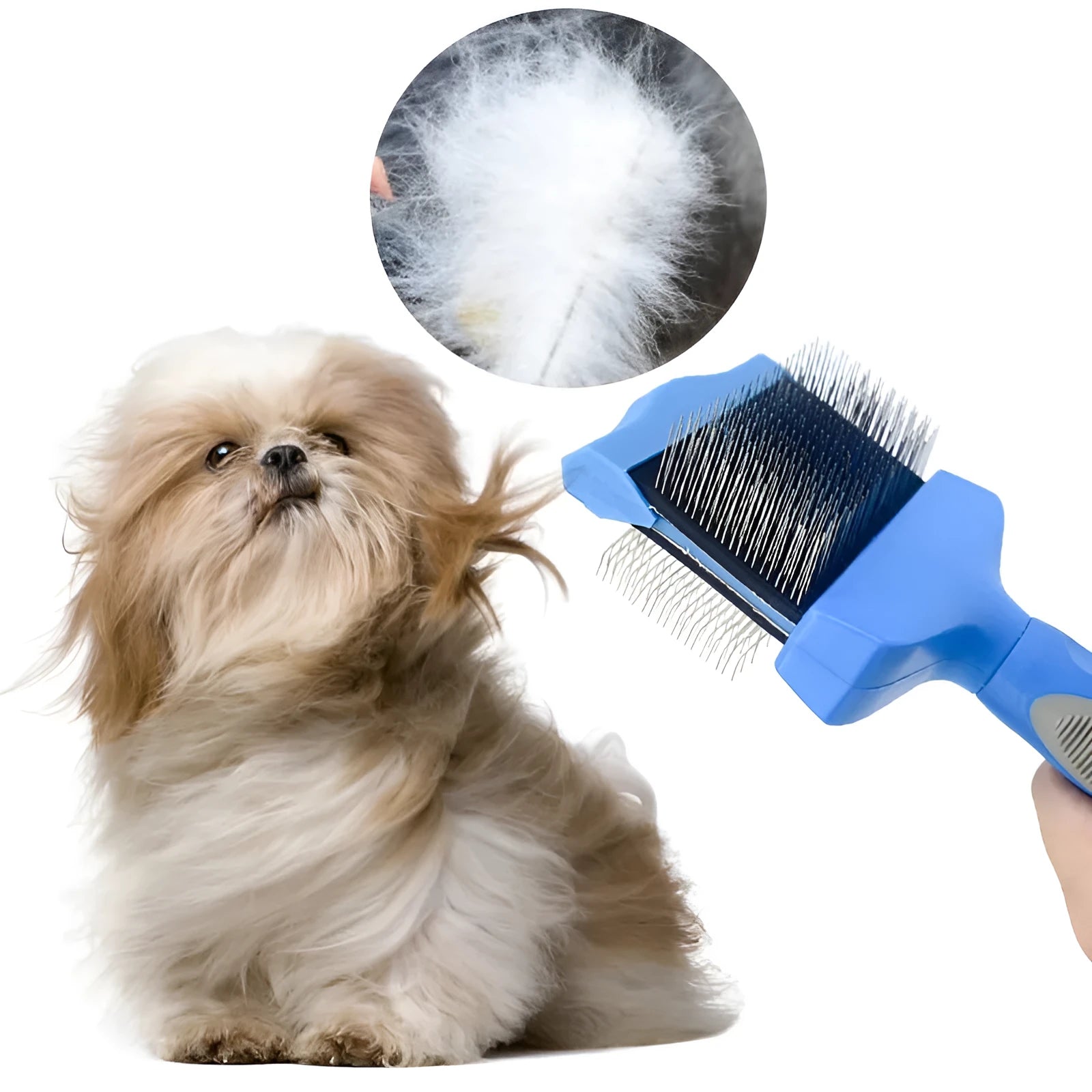 Blue double-sided pet brush with stainless steel pins on one side and soft bristles on the other, showing ergonomic handle.