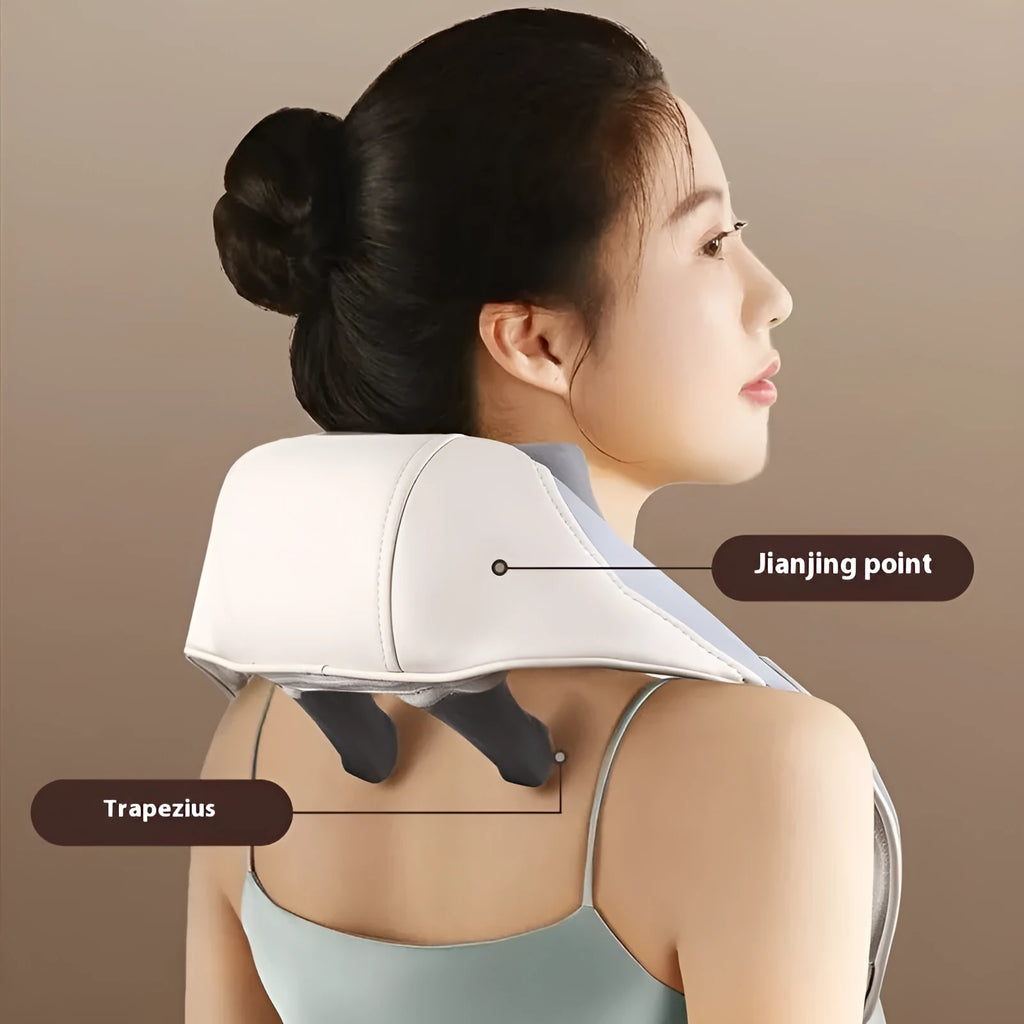 Blue foldable electric neck and back massager showing rechargeable design